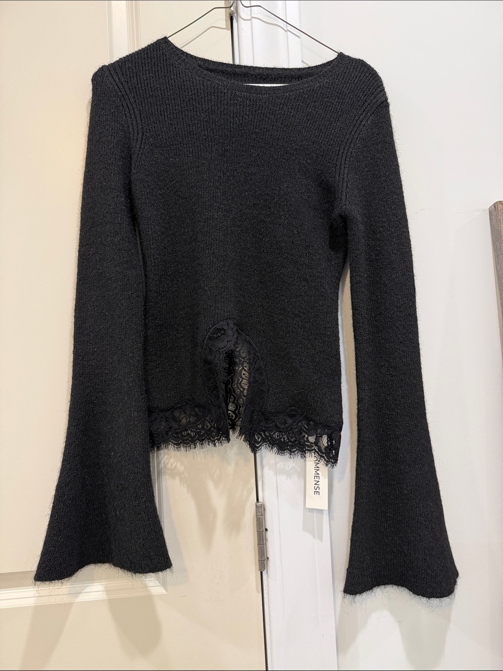 Commense Black Lace-Hem Crewneck Sweater
